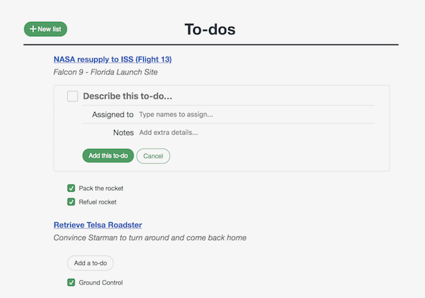 A Mission Control screenshot of adding a todo item to a todo list.
